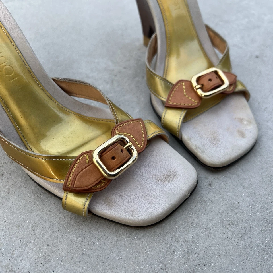Louis Vuitton | Authentic Vintage Iconic Shimmery Gold Buckle Wedge Heels (37) - Image 4 of 4