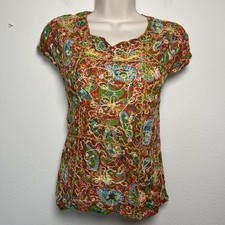 Women Embroidered Multicolor Artsy Shirt XS Colorful Art to Wear Short Sleeve