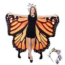 Double-Sided Printing Butterfly Wings Shawl Costume and Headband Orange Black