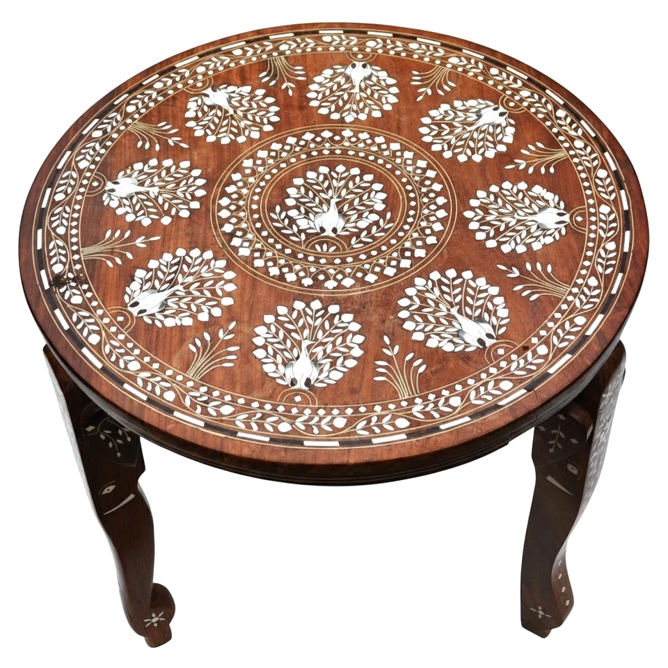 Table basse en Teck & marqueterie à décor d'oiseaux & d'éléphants - Années 80' - Photo 4/4