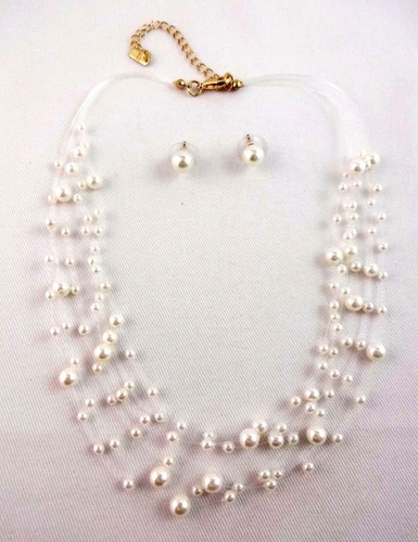 Floating Pearl Necklace Stud Earring Simulated Pearls Necklace Earring Set - Picture 5 of 18
