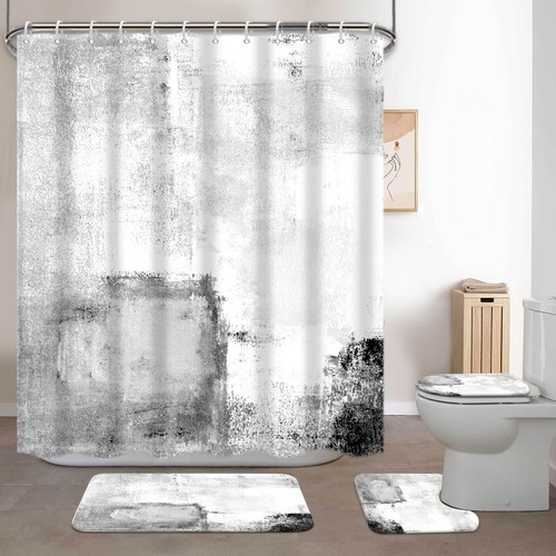 4Pcs Bathroom Shower Curtain Sets with RugsWhite Black Painting Art Bathroom ... - Picture 7 of 7