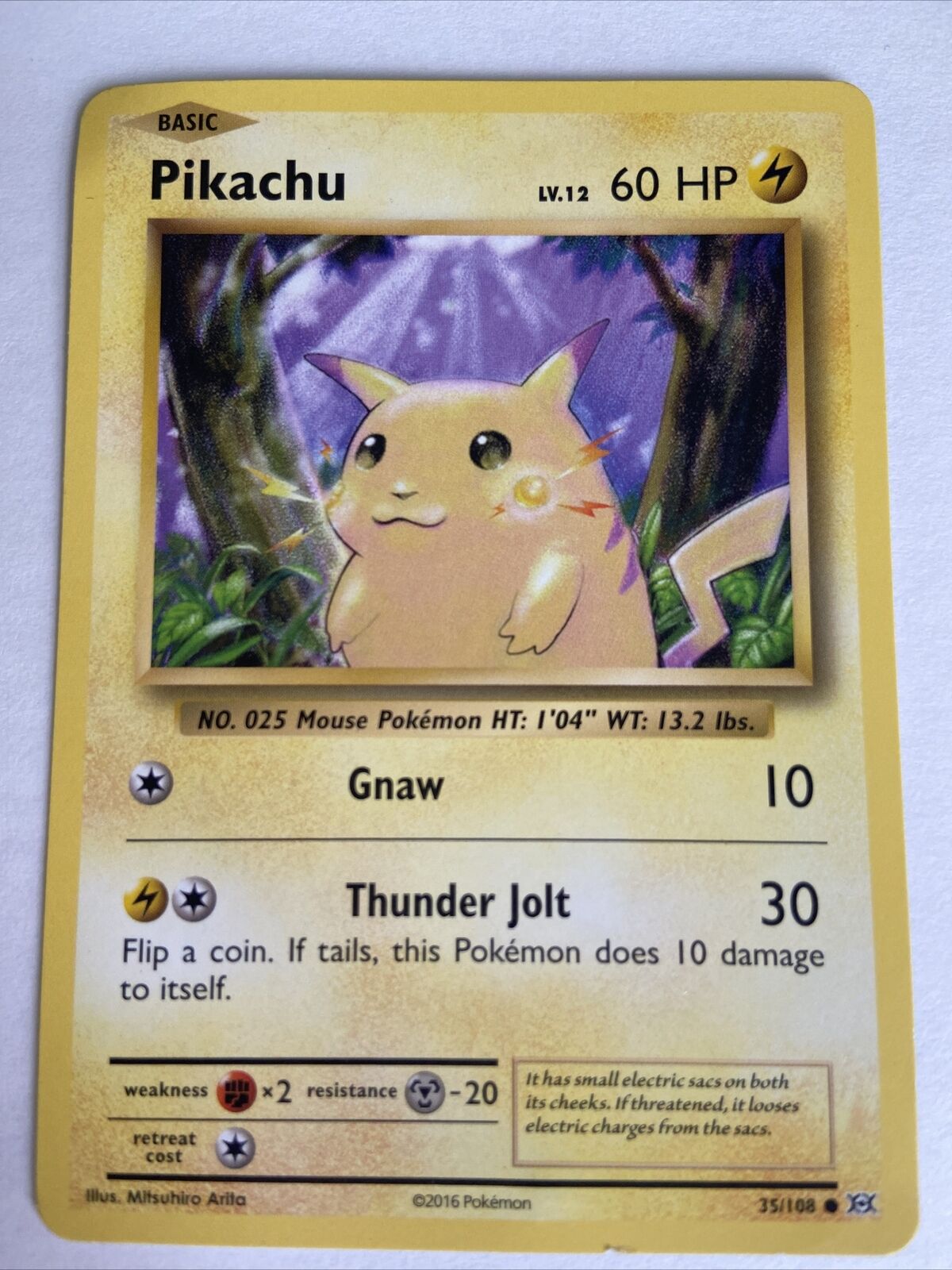 Pikachu Gnaw/Thunder Jolt Pokemon Card RARE 60 HP, 2016 35/108