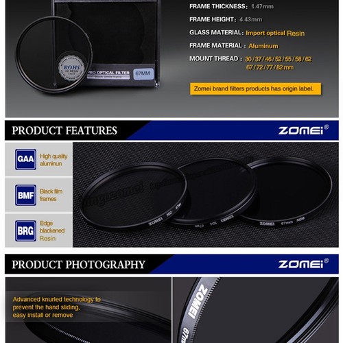 Zomei 77mm ND2 ND4 ND8 Neutral Density Filter Set Kit for Digital Camera Lens - Picture 5 of 10