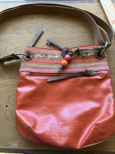 VTG Fossil Bag Red Orange KEY-PER Coated Canvas Crossbody 10 X 11 1/2 - Picture 1 of 10