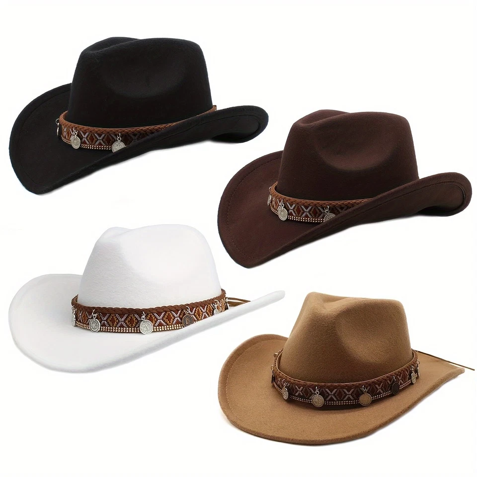 Western Cowgirl Cowboy Hat Men Women – Tribal Band Felt Wide Brim Rodeo Style - Image 2 of 2