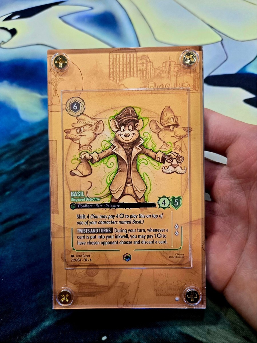 basil lorcana card Disney Azurite Sea Disguised Detective 212/204 Enchanted Chapter 6 you may add their Strength to another chosen characters Strength this turn.) Property Basil's Magnifying Glass – Brickheads
