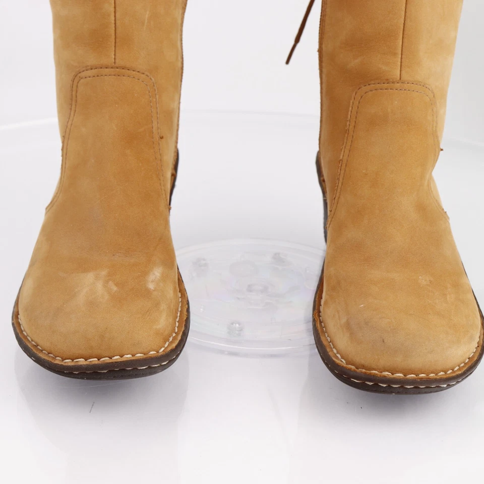 Bota UGG Skylair para mujer talla 8 cuero tostado castaño tacón de cuña puño tejido blanco Foto 3 de 4