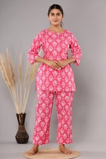 Indian Handmade Cotton Floral Women Night Suit Set Lounge WearEthnic Pajama Set