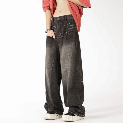 Men's Denim Trousers Straight Leg Loose Fit Wide Leg Pants Mid Waist Inelastic L - Picture 2 of 7