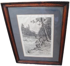Fly fishing Yosemite 1888 etching after California artist Thomas Hill 1829-1908
