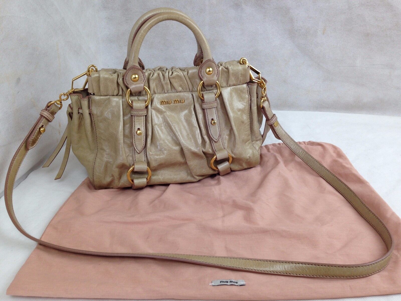 Auth miu miu Leather 2 Way Shoulder Bag Tote Handbag Beige 5I090660p