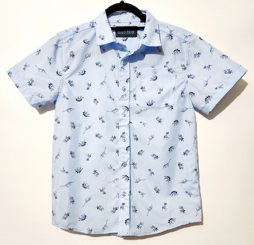 Boys Bold Blue Short Sleeve Button Up Shirt Dinosaur Skeleton Print Size Medium
