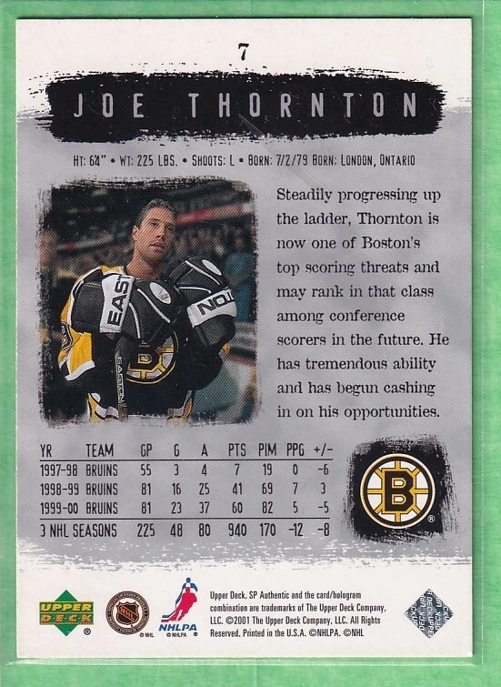 2000-01 SP Authentic #7 Joe Thornton Boston Bruins - Image 2 of 2