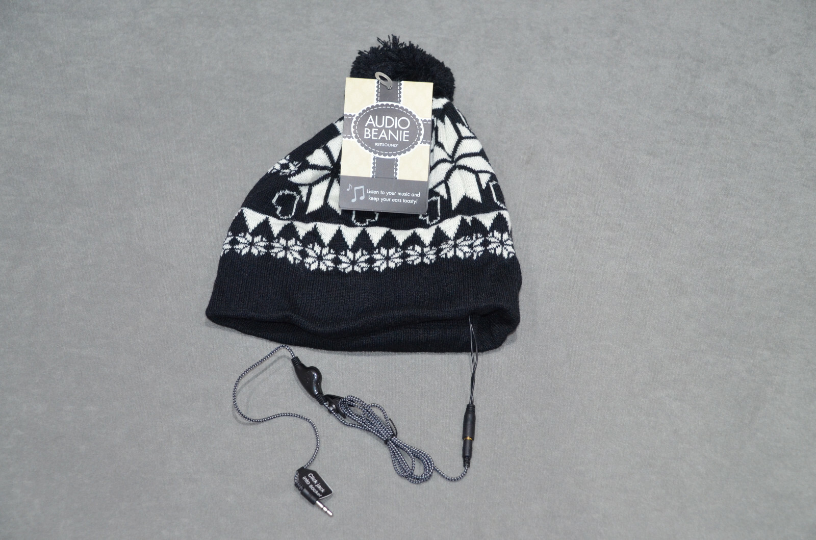 KitSound Audio Beanie Bobble Knitted Hat Black & White Unisex 3.5mm Jack Plug