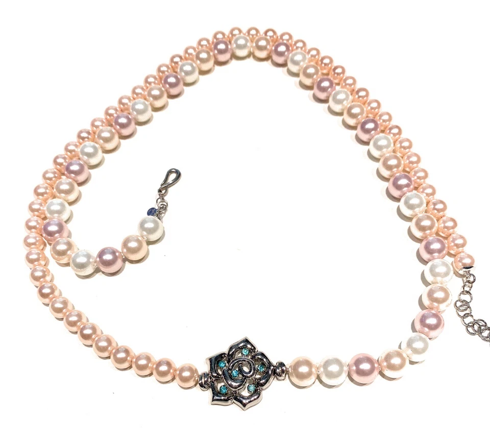 Collana Lunga Perle Rosate Multicolore Rosellina Cristalli Azzurri Argento - Immagine 3 di 4