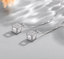 S925 Sterling Silver CZ Square Cube Threader Earrings