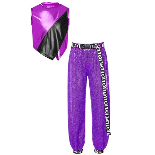 Kids Girls Outfit Metallic Set Vest Suit Hip Hop Practice Jazz Irregular Hem - Picture 37 of 59