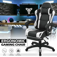 White[LUMBAR SUPPORT+FOOTREST]Reclinable Gaming Racing Chair Office Swivel Seat