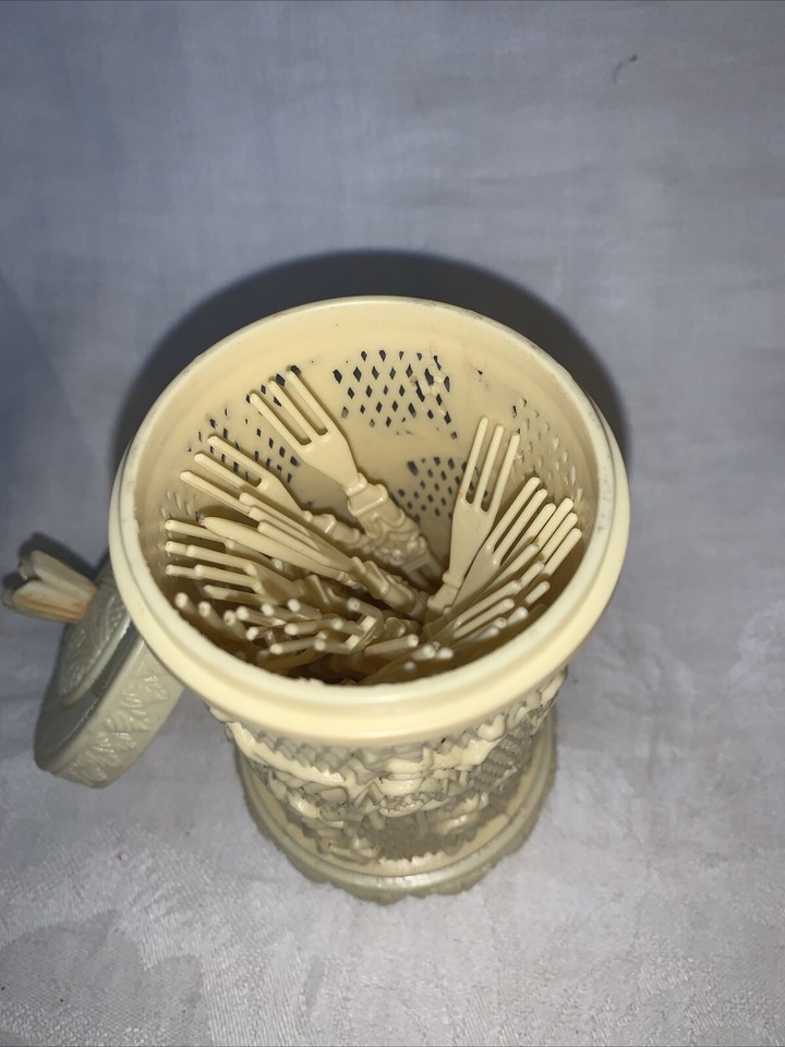 Faux Ivory Plastic Cocktail Forks w Rose Reticulated Container Vintage