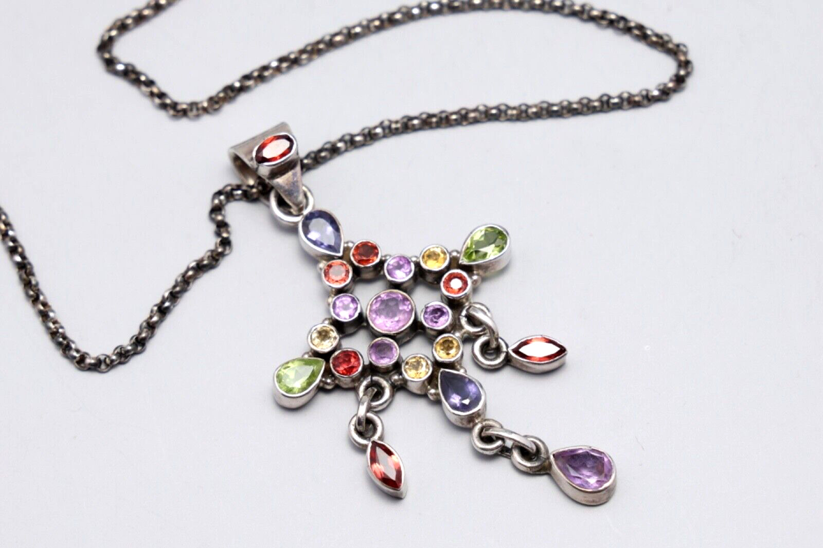 Vintage 925 Multi Gemstone Dangling Sterling Silv… - image 1