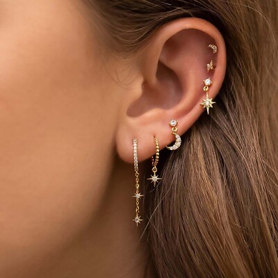 6Pcs/set Moon Star Dangle Earrings Women Girls Gold Huggie & Stud Earrings Set
