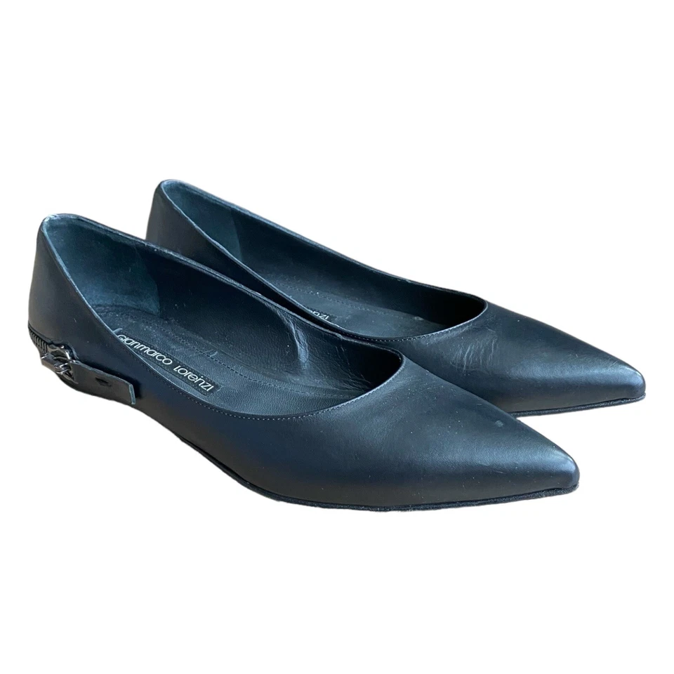 GIANMARCO LORENZI Black Leather Zip Detail Pointed Toe Ballet Flats, Size 37 Foto 2 de 4