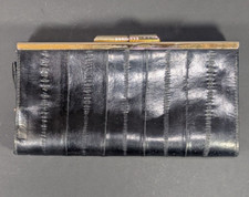 Vintage Eel Skin Leather Purse Wallet Black Ladies Bi-Fold 11-Card Slots 7" x 4"