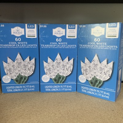 Lot Of 3 Holiday Time 60 Cool White LED Teardrop C6 Christmas Lights 21 ft Each