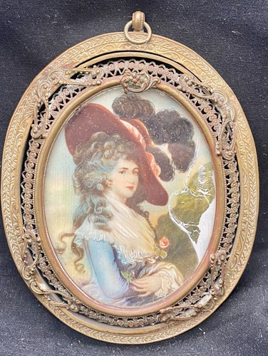 ANTIQUE MINIATURE PAINTING PORTRAIT AFTER GAINSBOROUGH, BRASS FRAME SIGNED c1890
