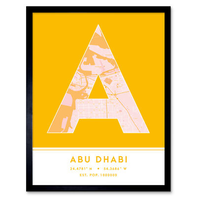 Abu Dhabi Vereinigte Arabische Emirate Stadtplan Typografie gerahmter Wandkunstdruck 12x16