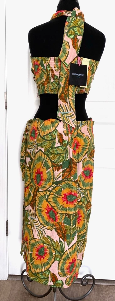 CYNTHIA ROWLEY Tropical Print 2pc Smocked Bralette Crop Top + Wrap Tie Skirt M - Image 3 of 4