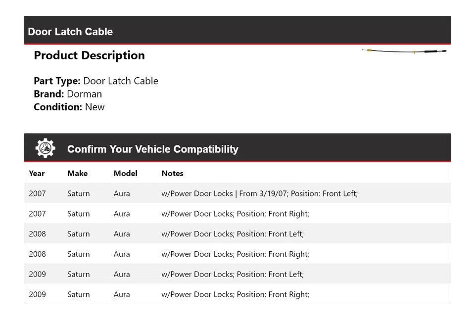 For 2007-2009 Saturn Aura Dorman Door Latch Cable 2008 - Image 2 of 4