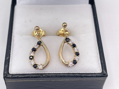9ct Gold Hallmarked Sapphire & Cubic Zirconia Drop Earrings. Goldmine Jewellers
