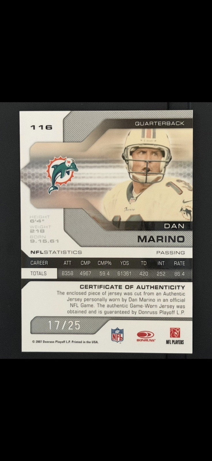 2007 Leaf Limited Dan Marino Authentic Game Worn 4 color Jersey #17/25 Dolphins  view 3
