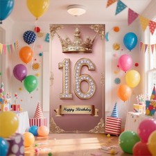 Happy 16st birthday, boys and girls. Pink rose gold crown flag background dec...