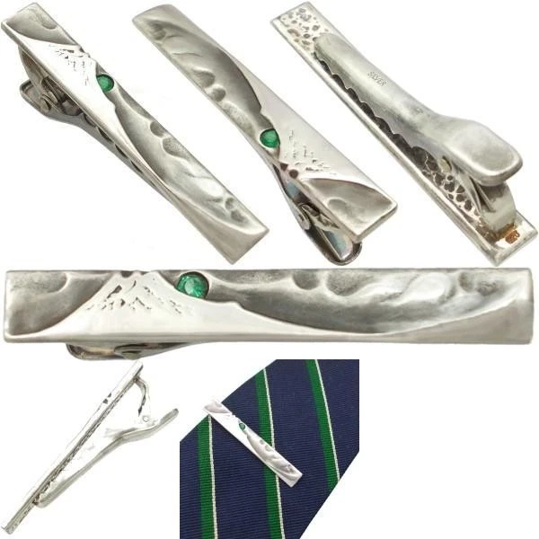 Corbata de 55 mm para hombre con clip de barra Mt Fuji Sunrise vidrio esmeralda plata 925 Foto 4 de 4