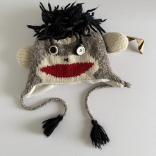 Sock Monkey Wool Blend Knit Winter Beanie Fleece Lined Ear-Flap Ski Hat Cap NWT