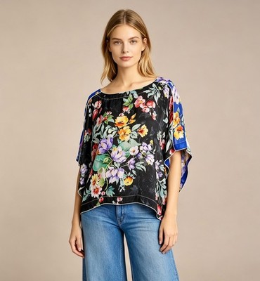 NWOT Johnny Was Sky Verity Printed Colorblock Kimono Sleeve Floral Blouse Size S