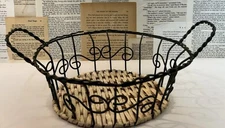 Green Wire Basket With Metal Wire Handles, Wicker Base Rustic Decor 11.5 Inches