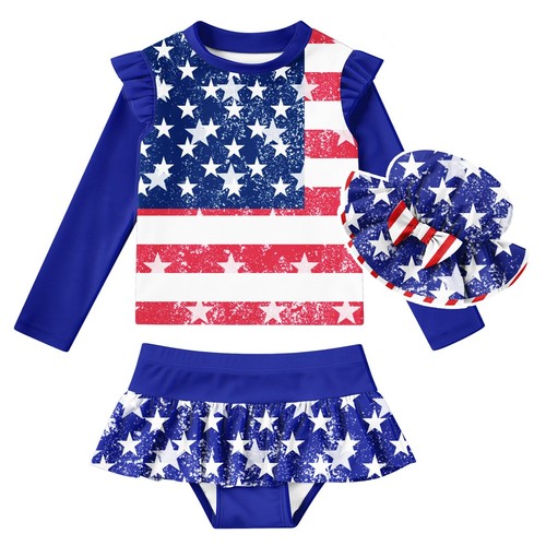Size 4 Girls Patriotic Swimsuit July 4Th Bathing Suits Long Sleeve Rashguard ...