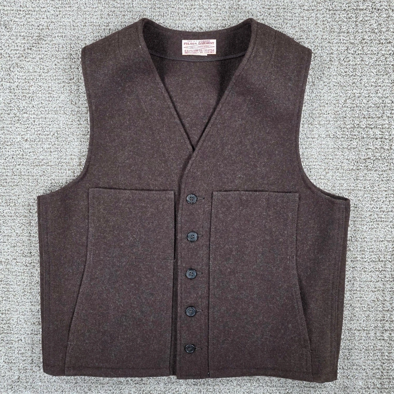 Vintage Filson Mackinaw Wool Vest Mens Brown Button Hunting Fishing Outdoor XL