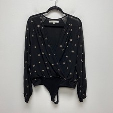 Lovers Friends Womens Black Embroidered Long Sleeve V-Neck Layla Bodysuit L