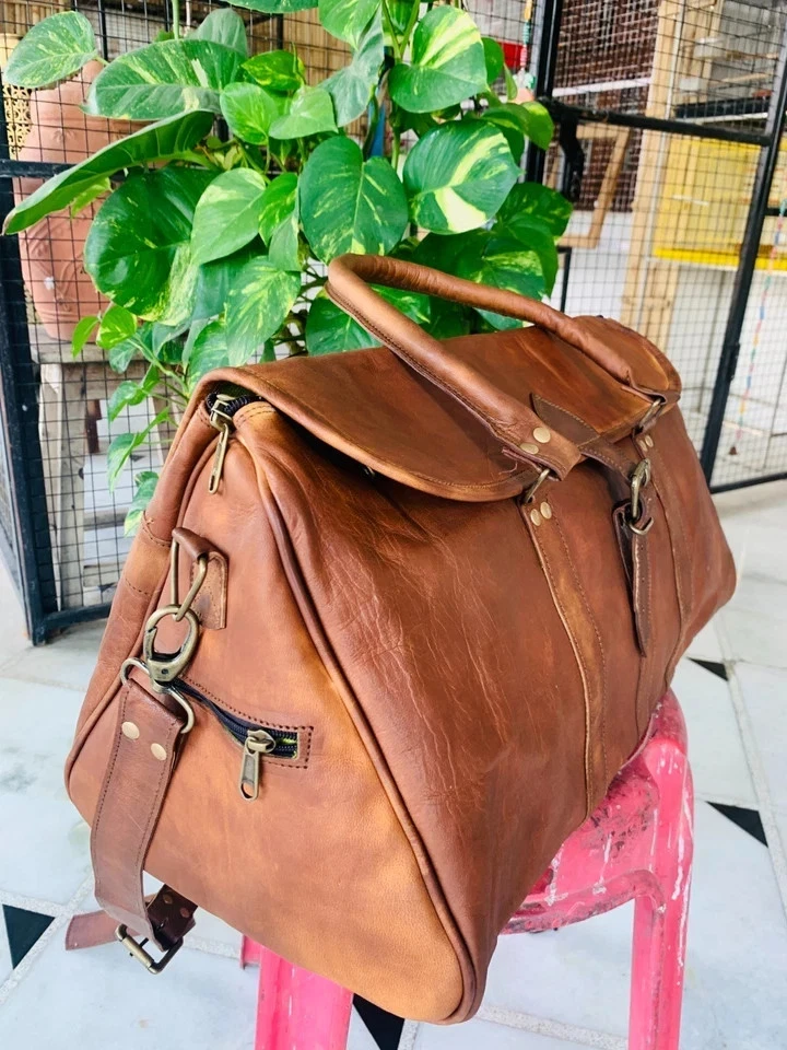 21"X8" Inch Leather Duffel Travel Men Vintage Weekend Overnight New - Image 3 of 4