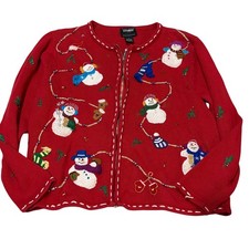 Vintage Red Snowman Embroidered Holiday Cardigan Sweater With Zip Front  Beaded