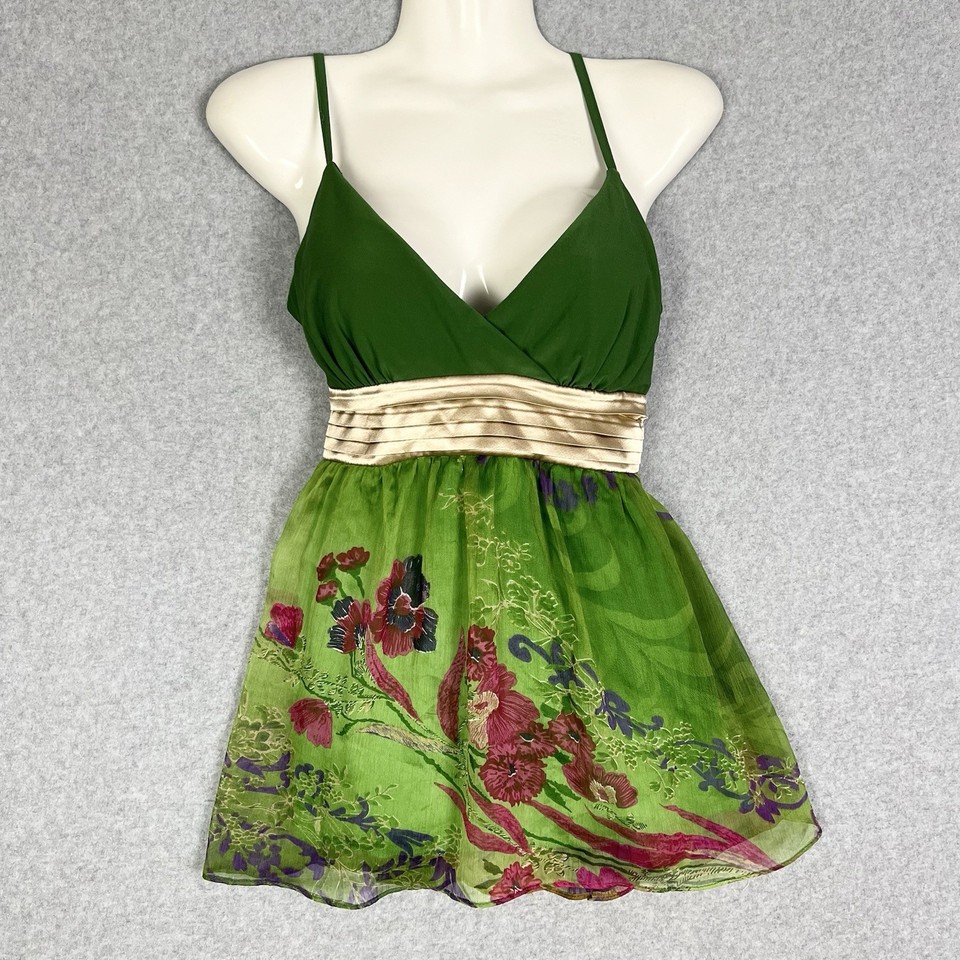 Image Top Womens 12 Green Floral Babydoll Cami Satin Bow Camisole Fairycore Y2K