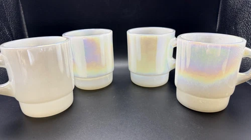 VTG Fire King Aurora Moonglow Iridescent Stackable Mugs Cups Excellent Lot of 4