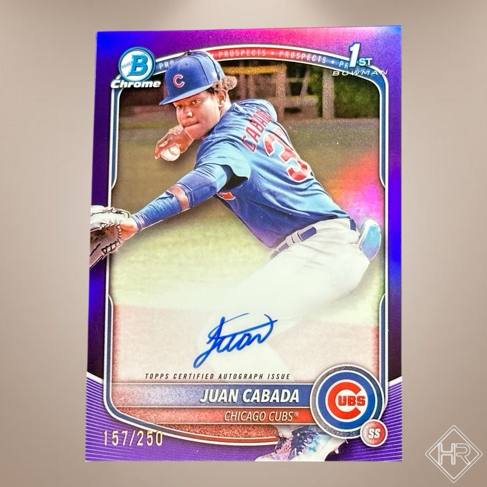 2025 Bowman Chrome 1st Bowman Juan Cabada True Purple Refractor Auto /250 Cubs
