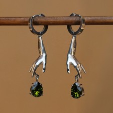 925K Sterling Silver Pear Peridot Hands Earring, Minimalist Green Peridot