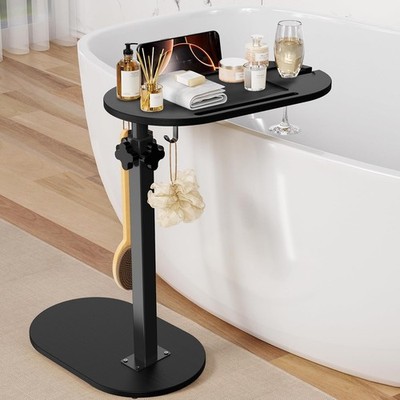 Bamboo Bathtub Table with Adjustable Height, Freestanding Bath Tray Caddy Board